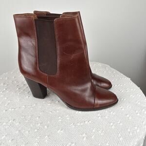 Saks Fifth Avenue Brown Leather Chelsea Boots Block Heel Pull On Women's 9.5